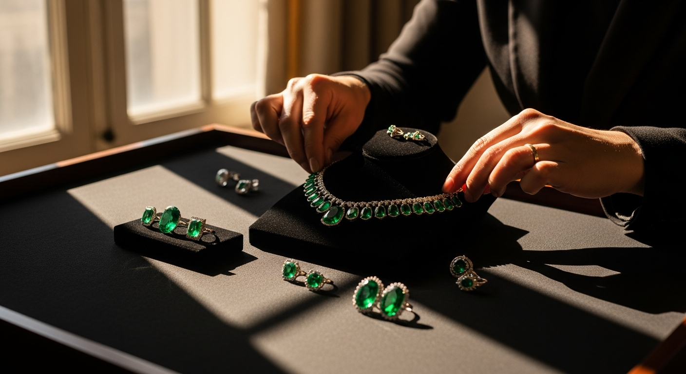 Collection cadeaux bijoux émeraude élégants sur présentoir luxe